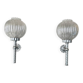 Pair of vintage wall lights; chrome striped glass floral globes; 1960s-70s.