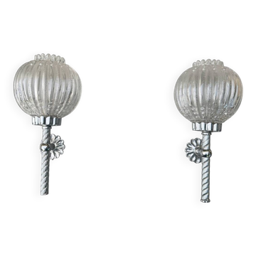 Paire appliques vintage; chrome globes verre strié floral; années 60-70