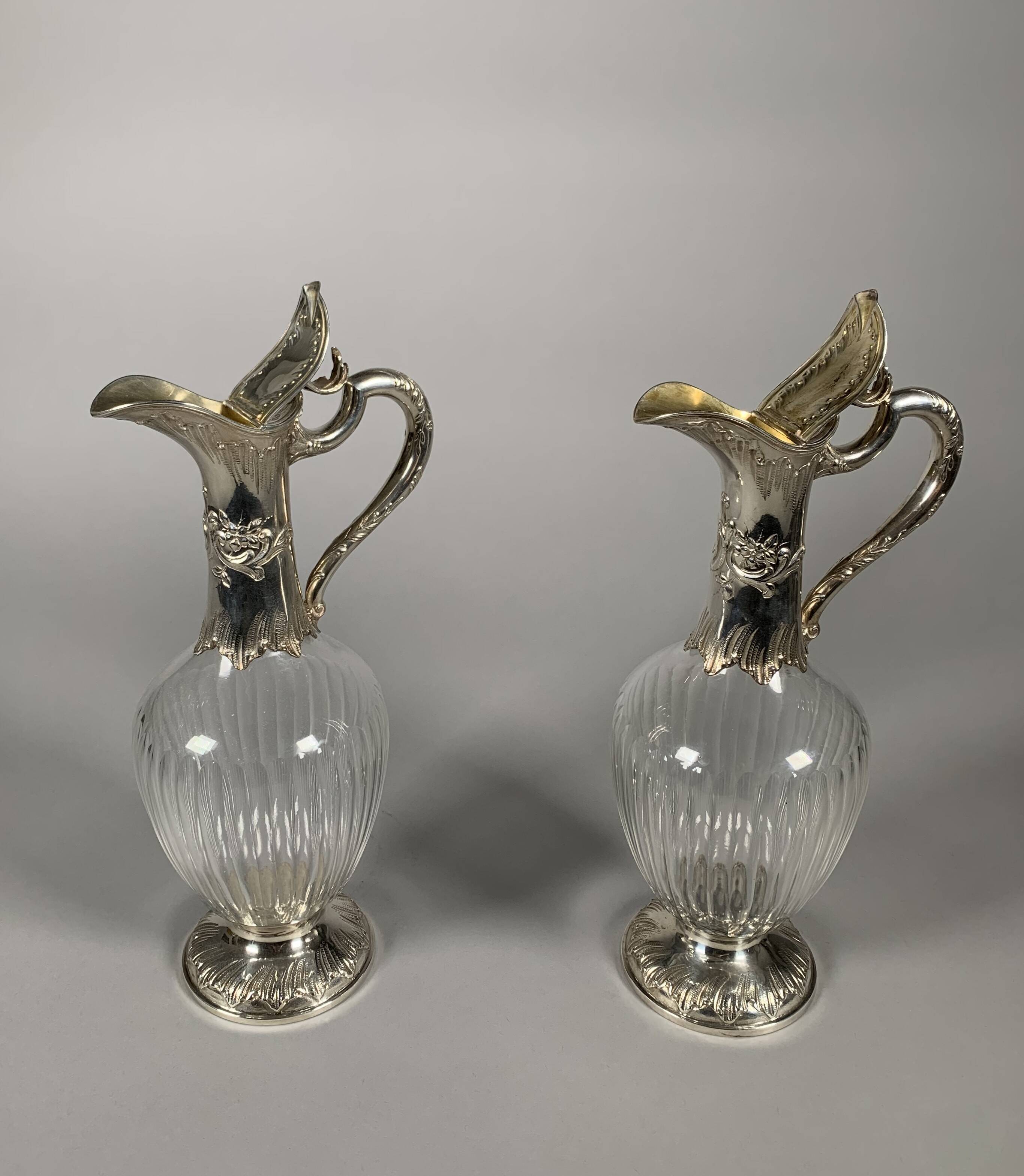 Pair of Crystal and Silver Rococo Ewers 19th Century