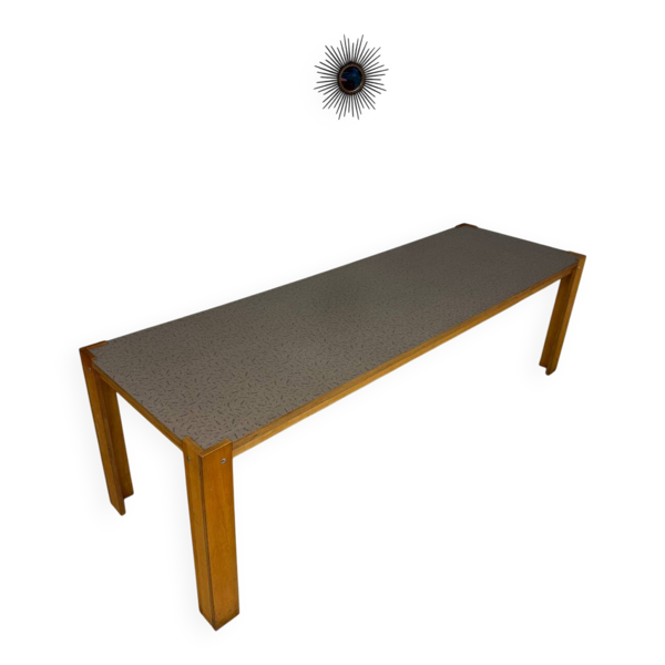 Grande table moderniste bois multiplis design style Memphis année 80