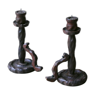 Pair of wooden candlesticks 70s