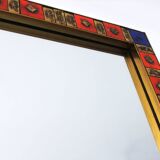 Vintage square mirror in gilded brass and enameled ceramic, 1970;