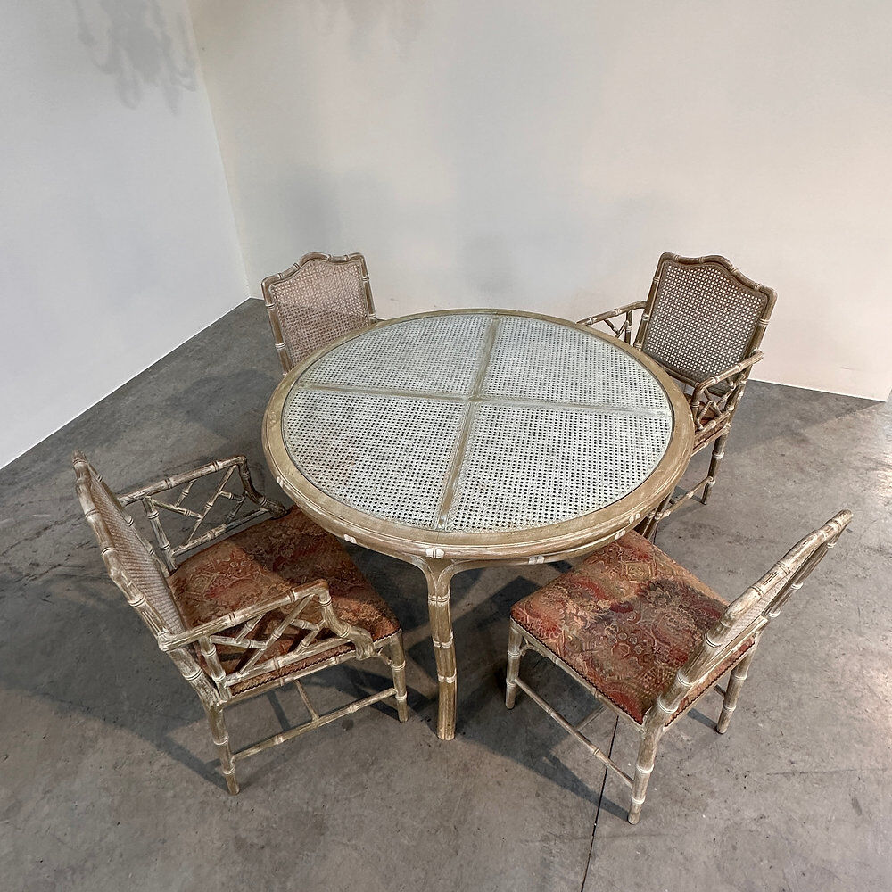 Vintage faux bamboo dining set with original fabric, 1980s