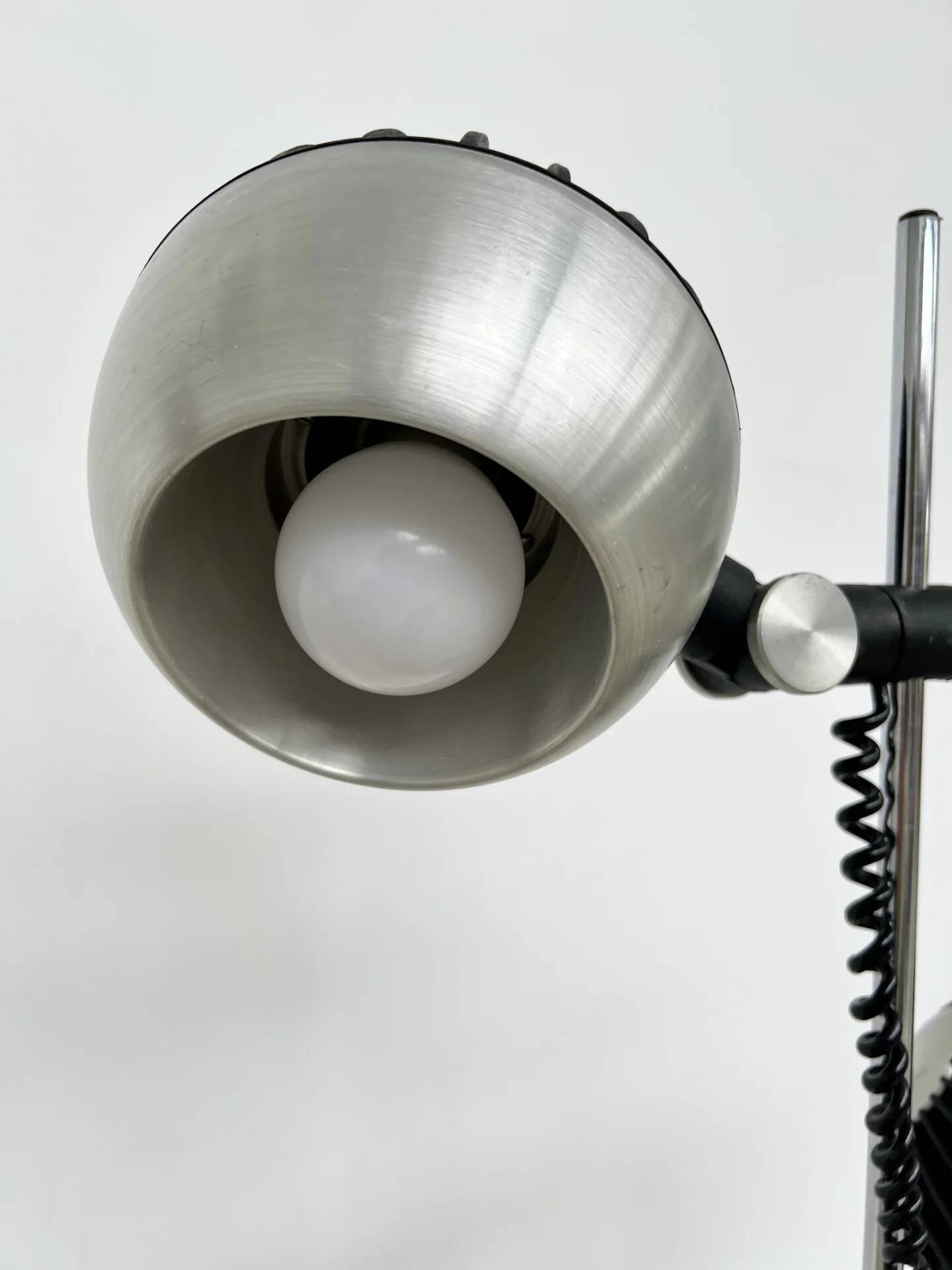 Two-spot floor lamp phase — brushed steel and matte black — 1970s