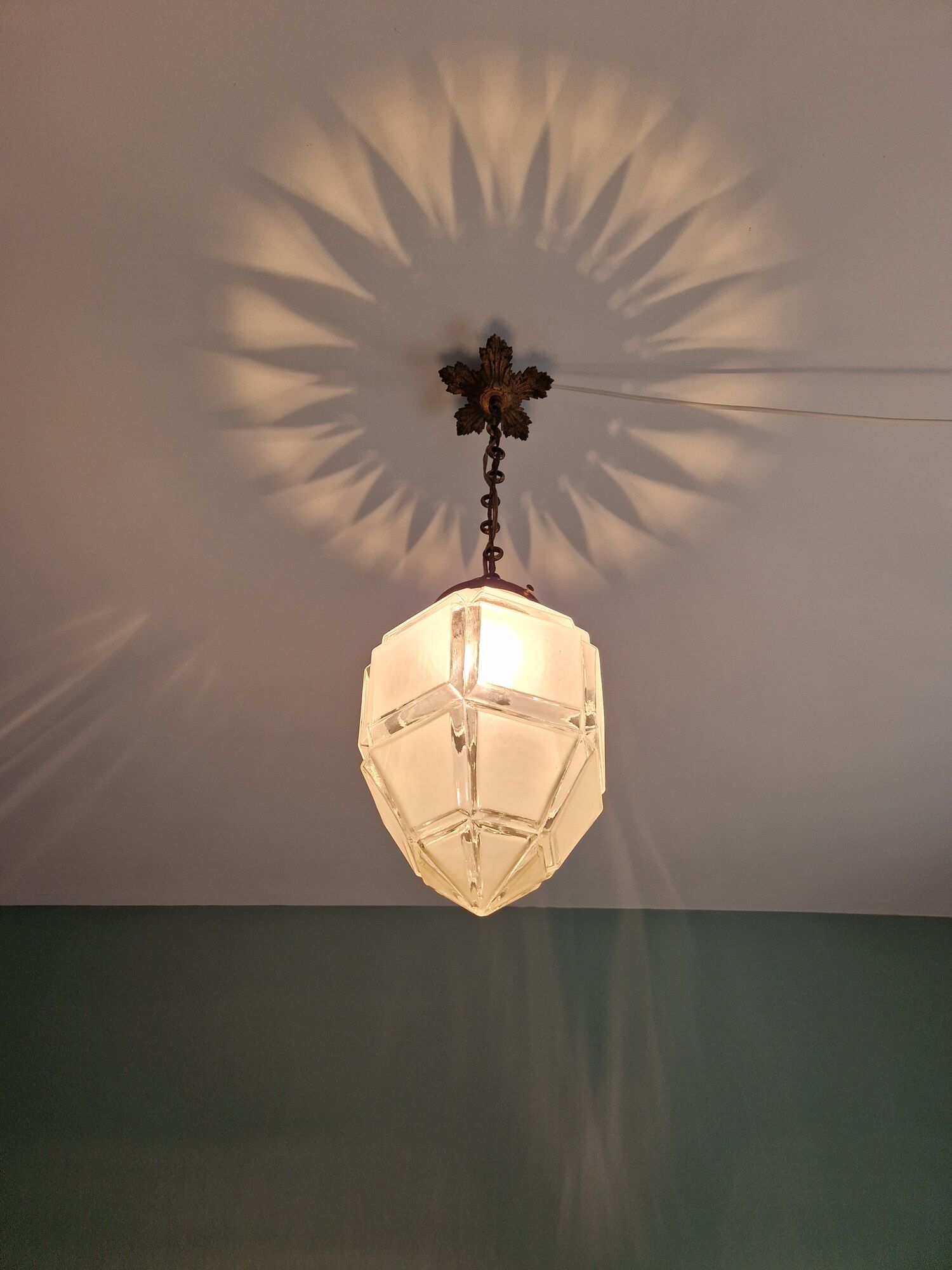 Art Deco pendant lamp in satin glass and bronze frame