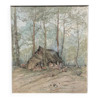 Clog maker's hut in the Fougères forest, watercolor