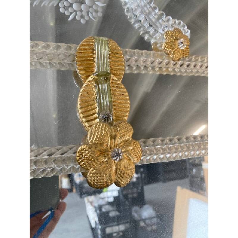 Venetian Rectangular Gold Floreal Hand-Carving Mirror in Murano Glass Style