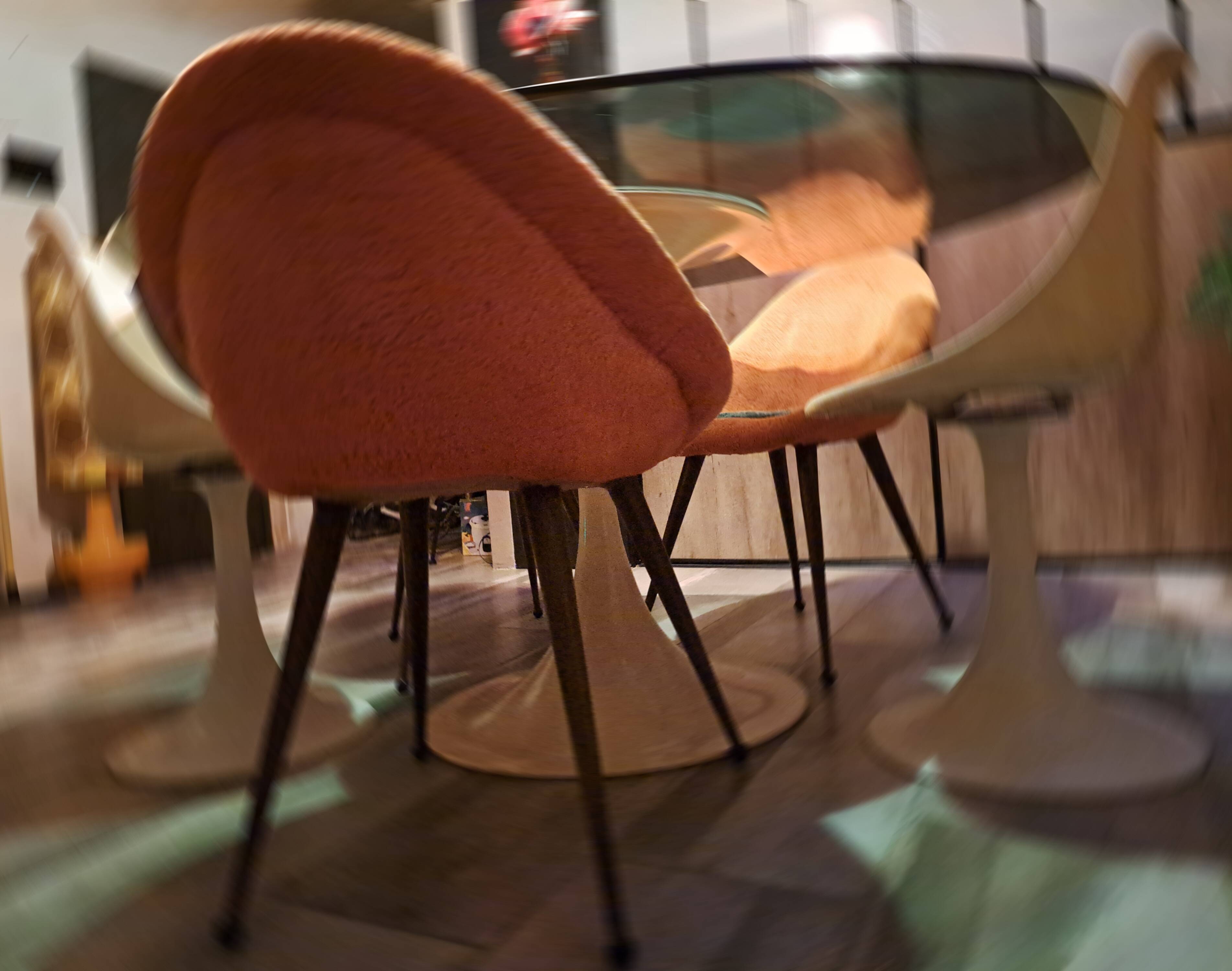 Set of 3 chairs, egg-shaped armchairs with compass legs, 1950