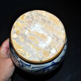 Large Italian ceramic pitcher barbotine majolica blue and yellow decoration