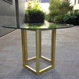 Table à diner ronde verre et métal doré ,vintage années 80'