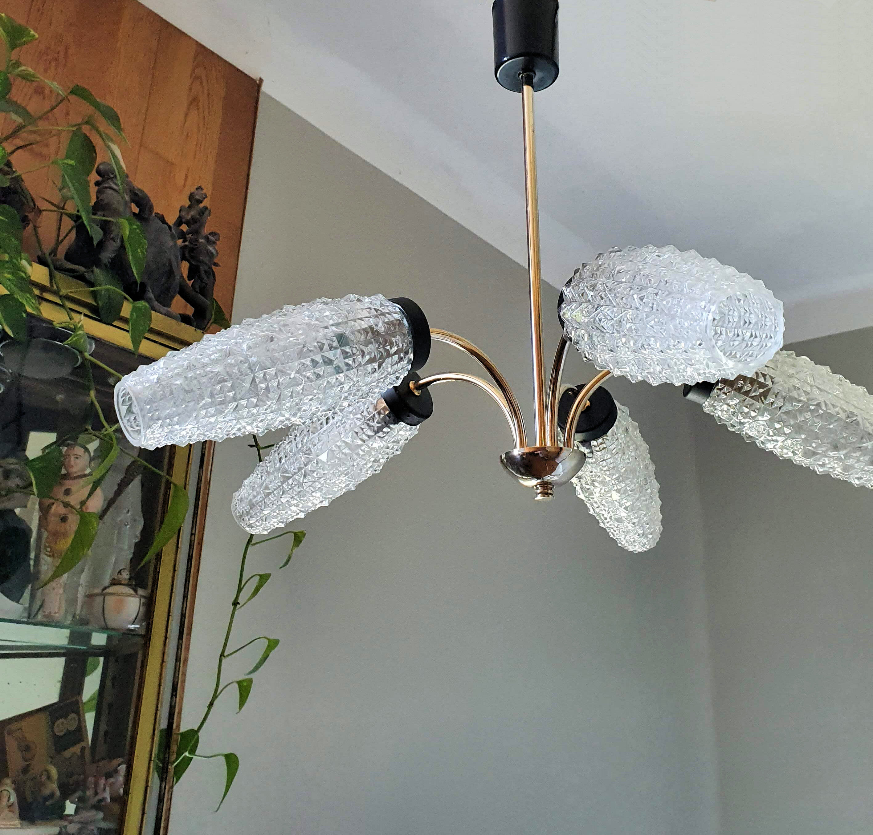 Vintage chandelier in brass and glass