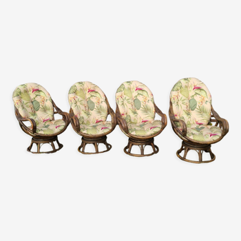 Set of 4 swivel rattan armchairs 70's vintage