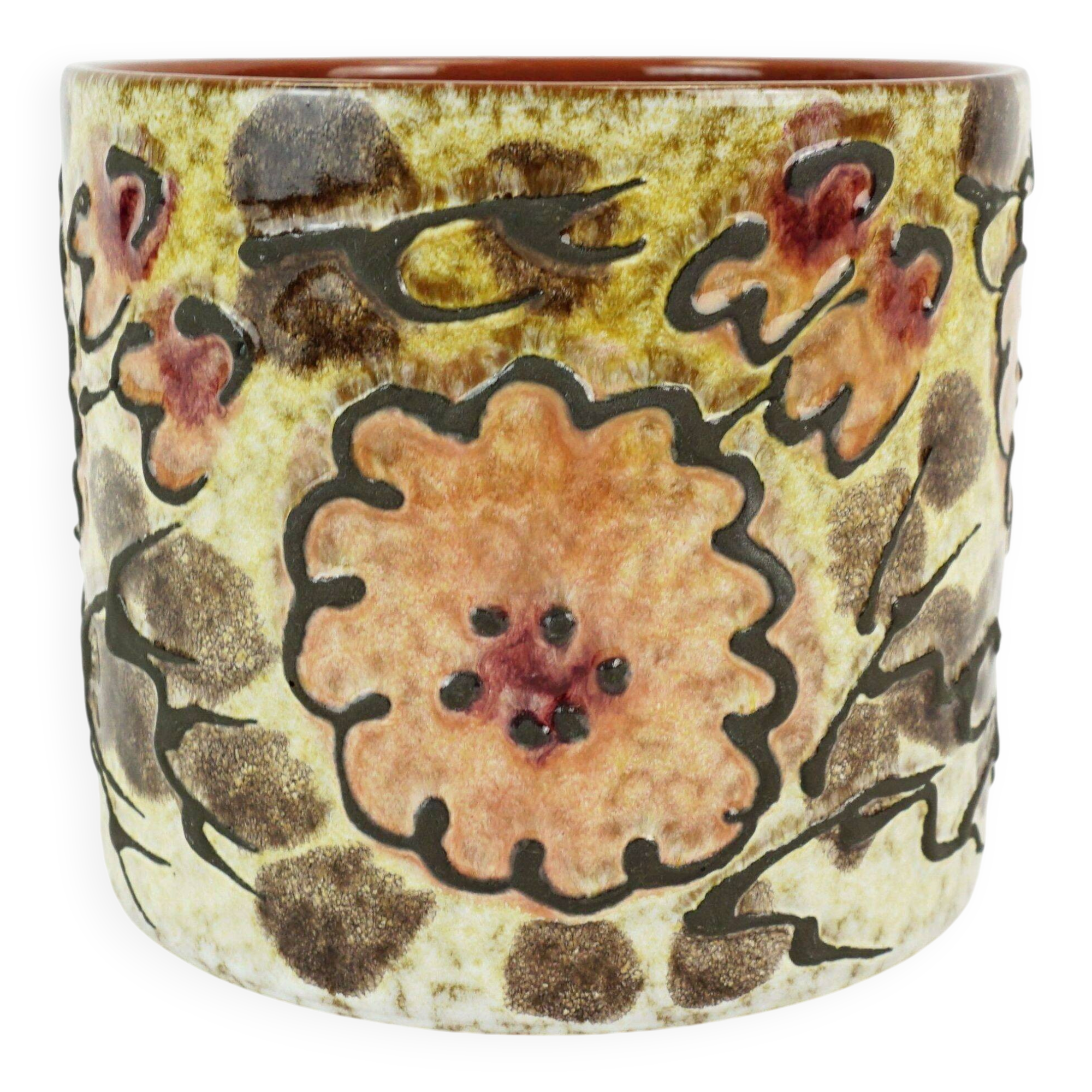 pot de fleurs en céramique vintage des années 1960-70, pot de plante, décor floral en fat lava