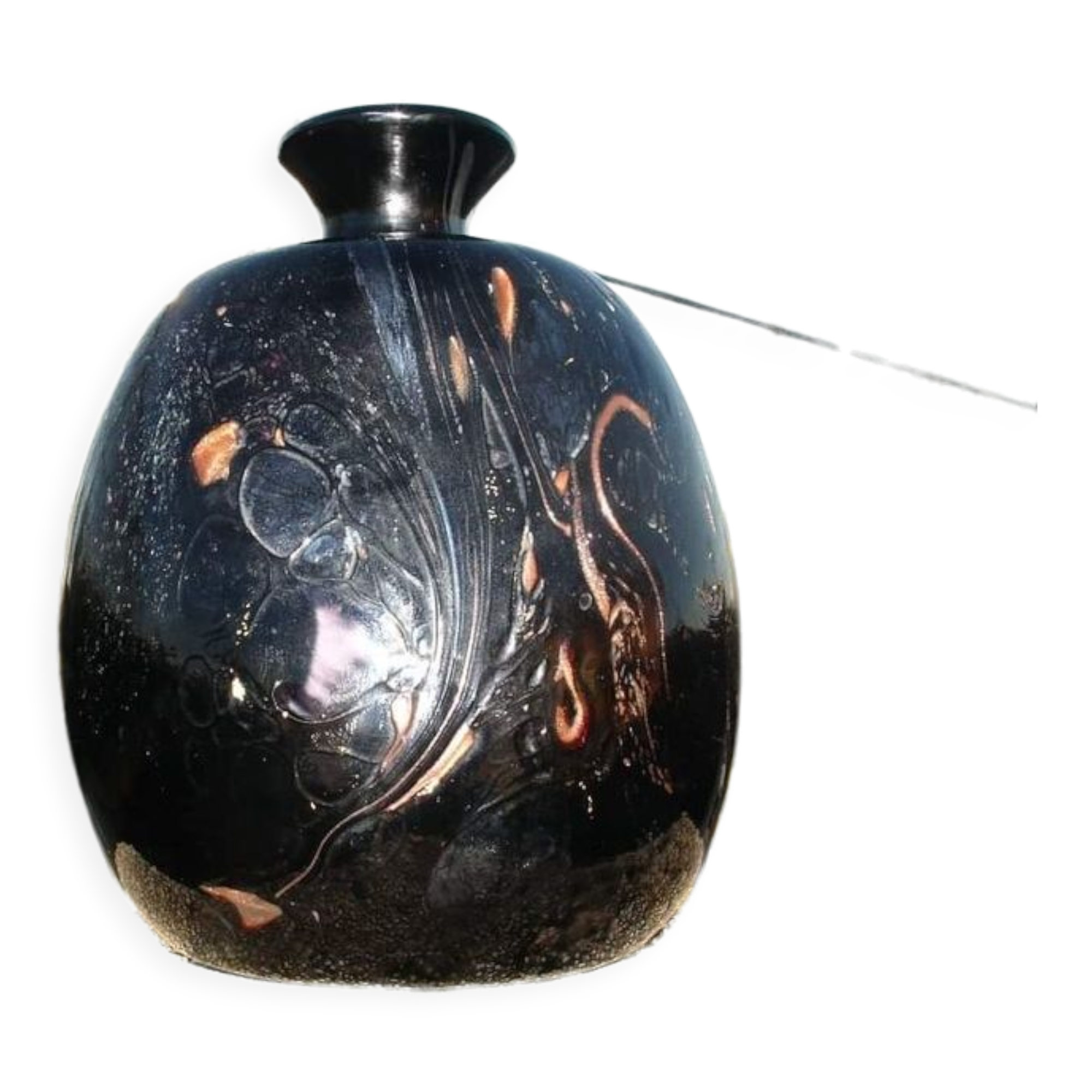 Vase in multi-layered black glass paste with inclusions of gold and other colors, signed by Bob le Bleïs