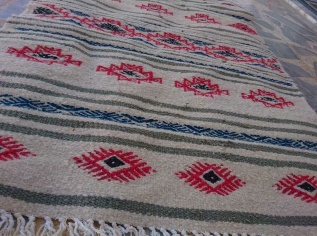 Kilim beige blue red handmade carpets, 90x60cm