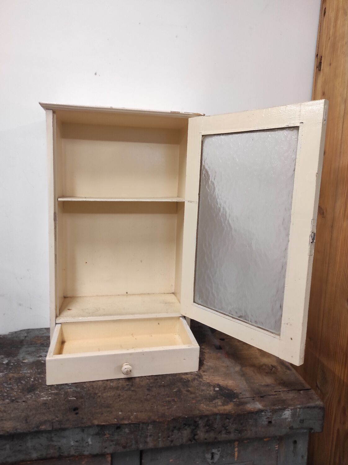 Wall-mounted cabinet with glazed pharmacy in vintage wood