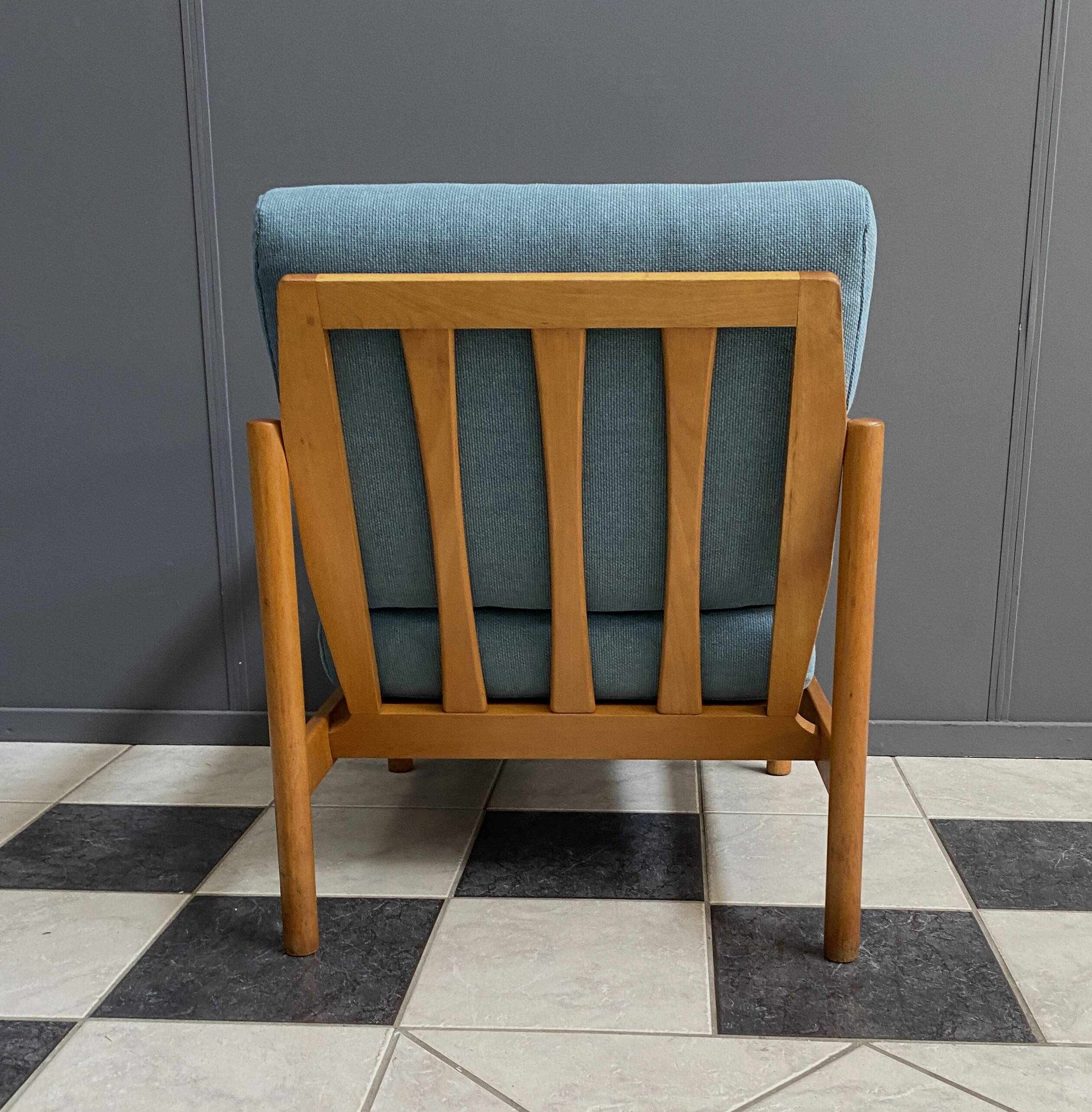 Wood arm chair reupholstered in blue fabric 1960s