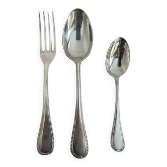 Box/case of 3 birth cutlery sets in silver-plated metal with hallmarked pearls