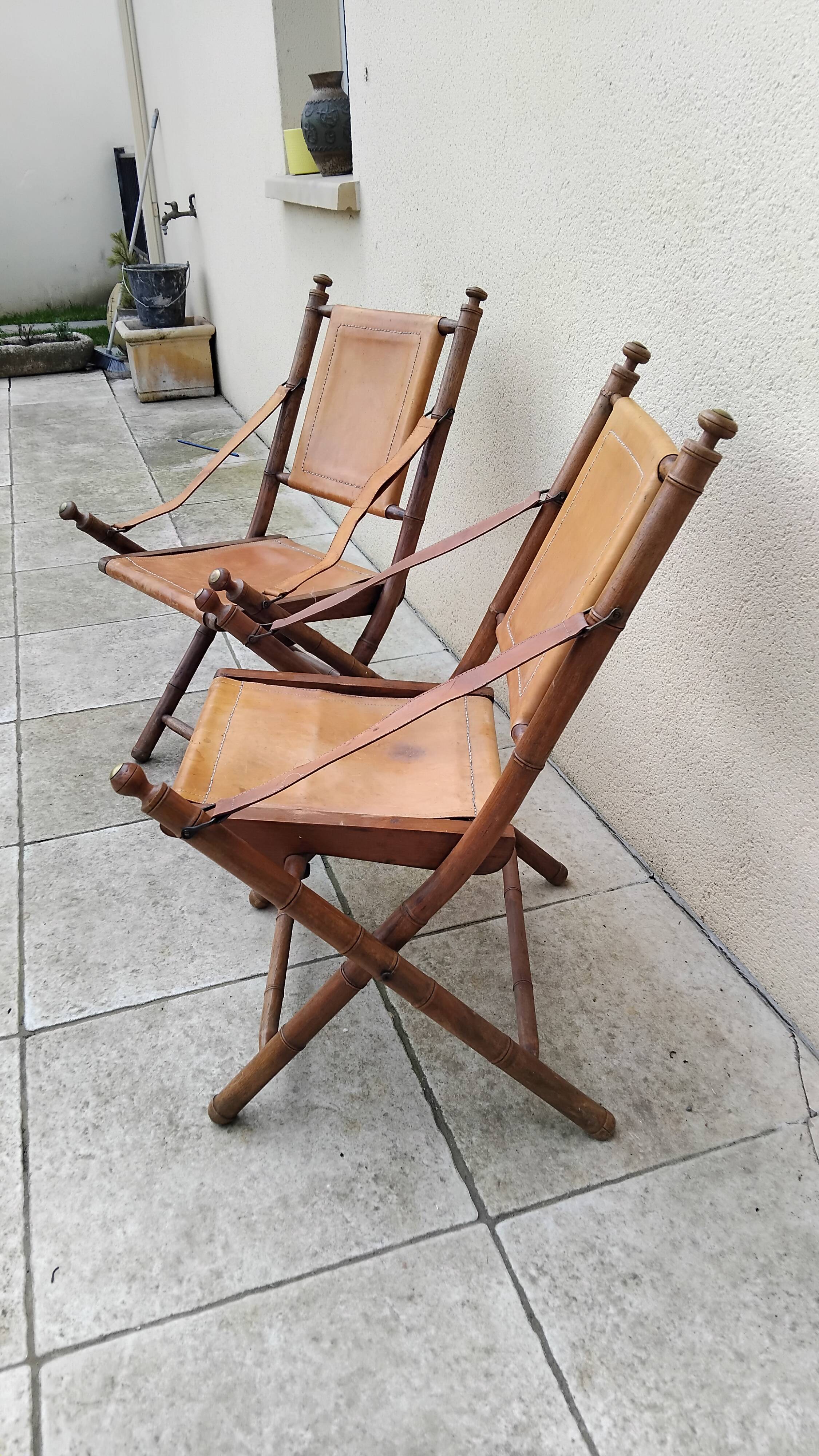 Vintage leather and wood folding chair SAFARI pair