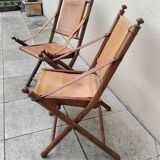 Vintage leather and wood folding chair SAFARI pair