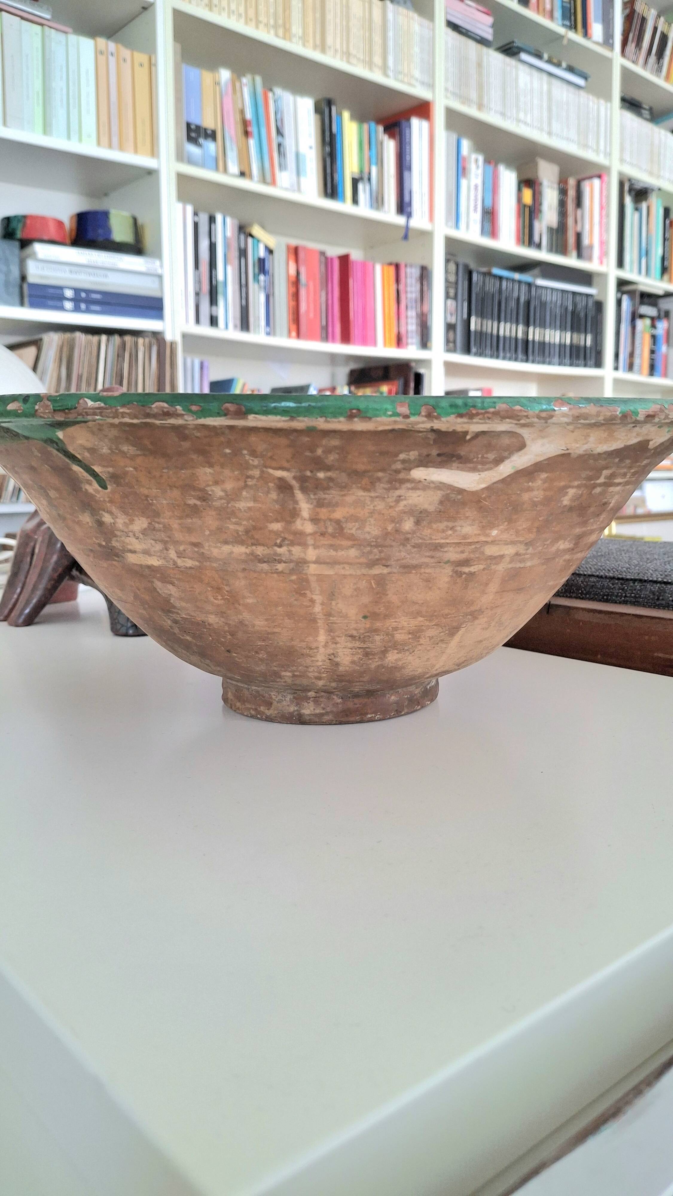 19th century Antique Hand-Glazed Terracotta Conical Bowl in Emerald Gr