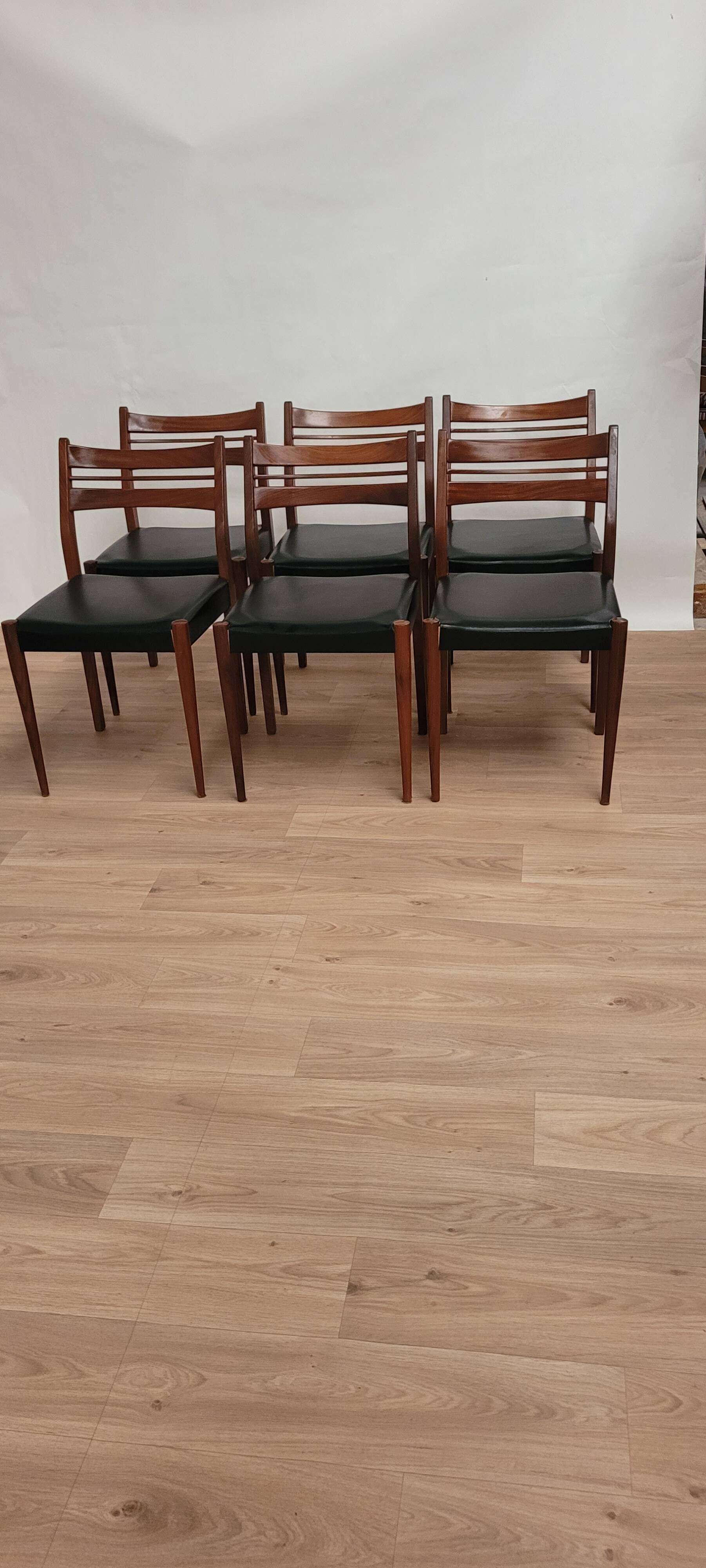 6 Vintage Scandinavian Chairs Teak and Faux Leather 1960 Denmark