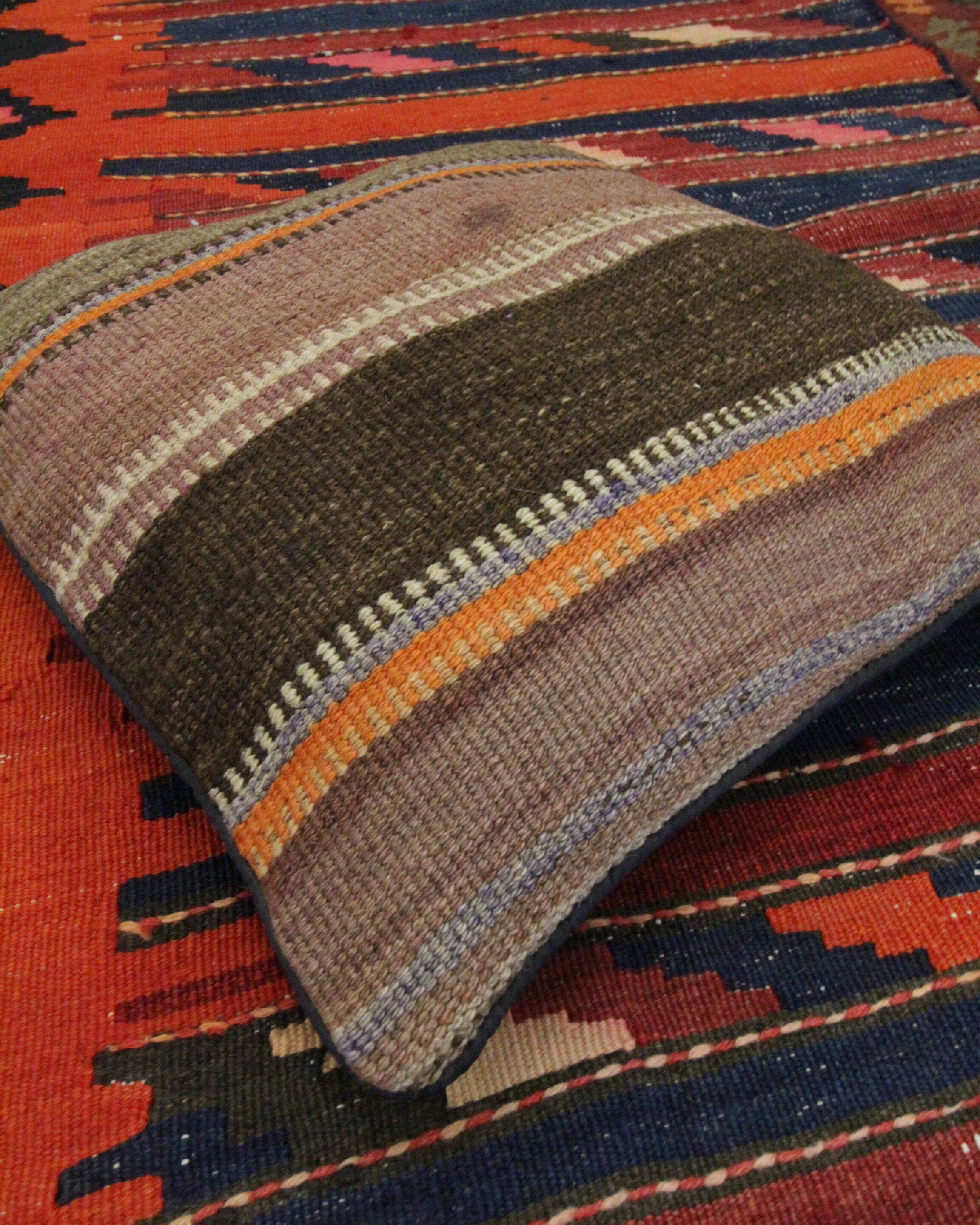 Striped Wool Kilim Cushion Cover Brown Purple Pillow Case- 39x39cm