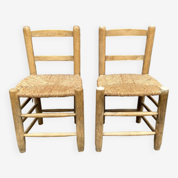 Lot de 2 chaises en bois brut et paille années 50