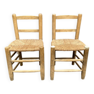 Lot de 2 chaises en bois brut et paille années 50
