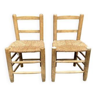 Lot de 2 chaises en bois brut et paille années 50