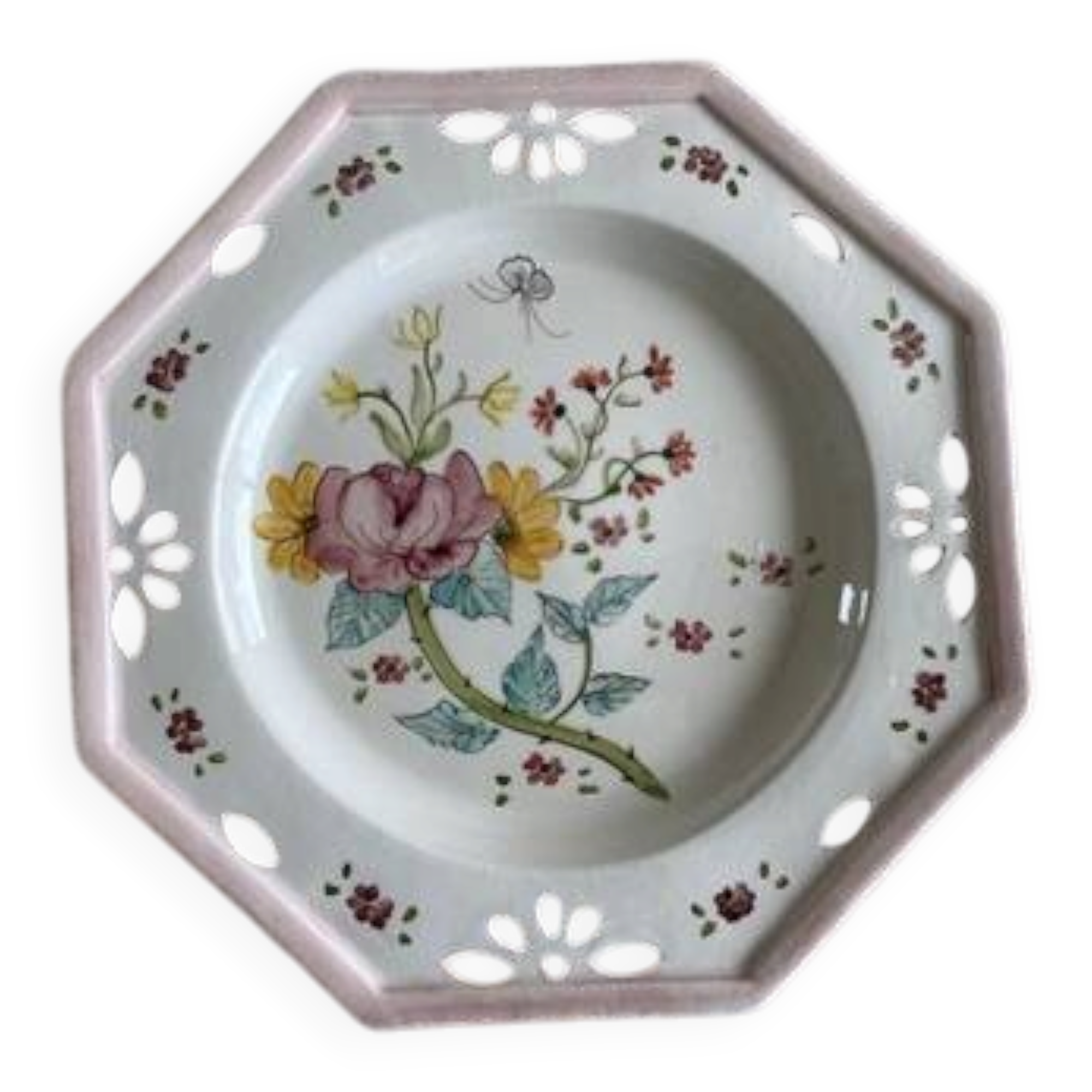 Antique plate with hand-painted floral decoration - Farandol - 29 cm - pink