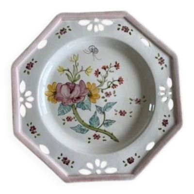 Assiette ancienne décor floral peinte à la main - Farandol - 29 cm - rose