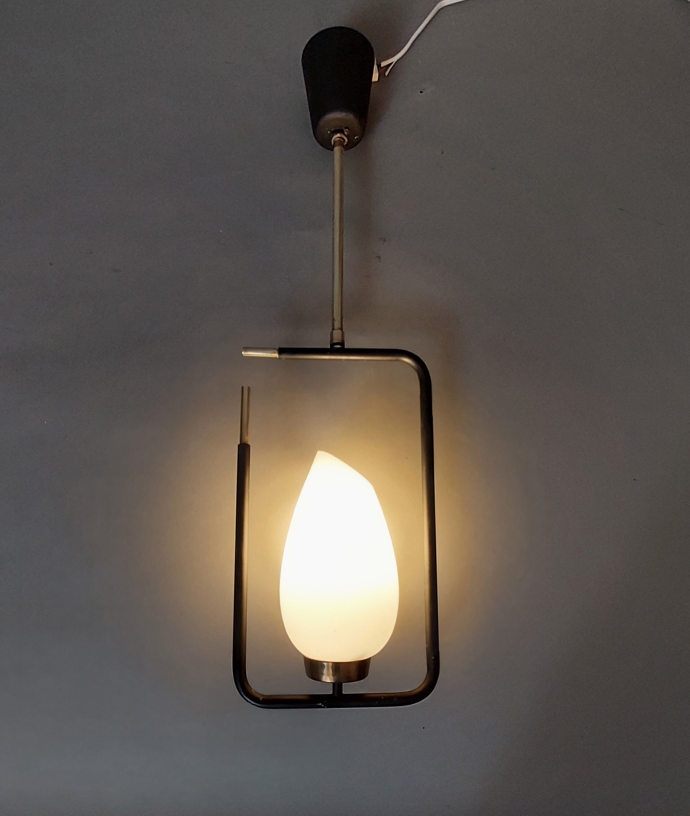Maison Lunel pendant lamp in black metal, gilded brass and opaline 1960.