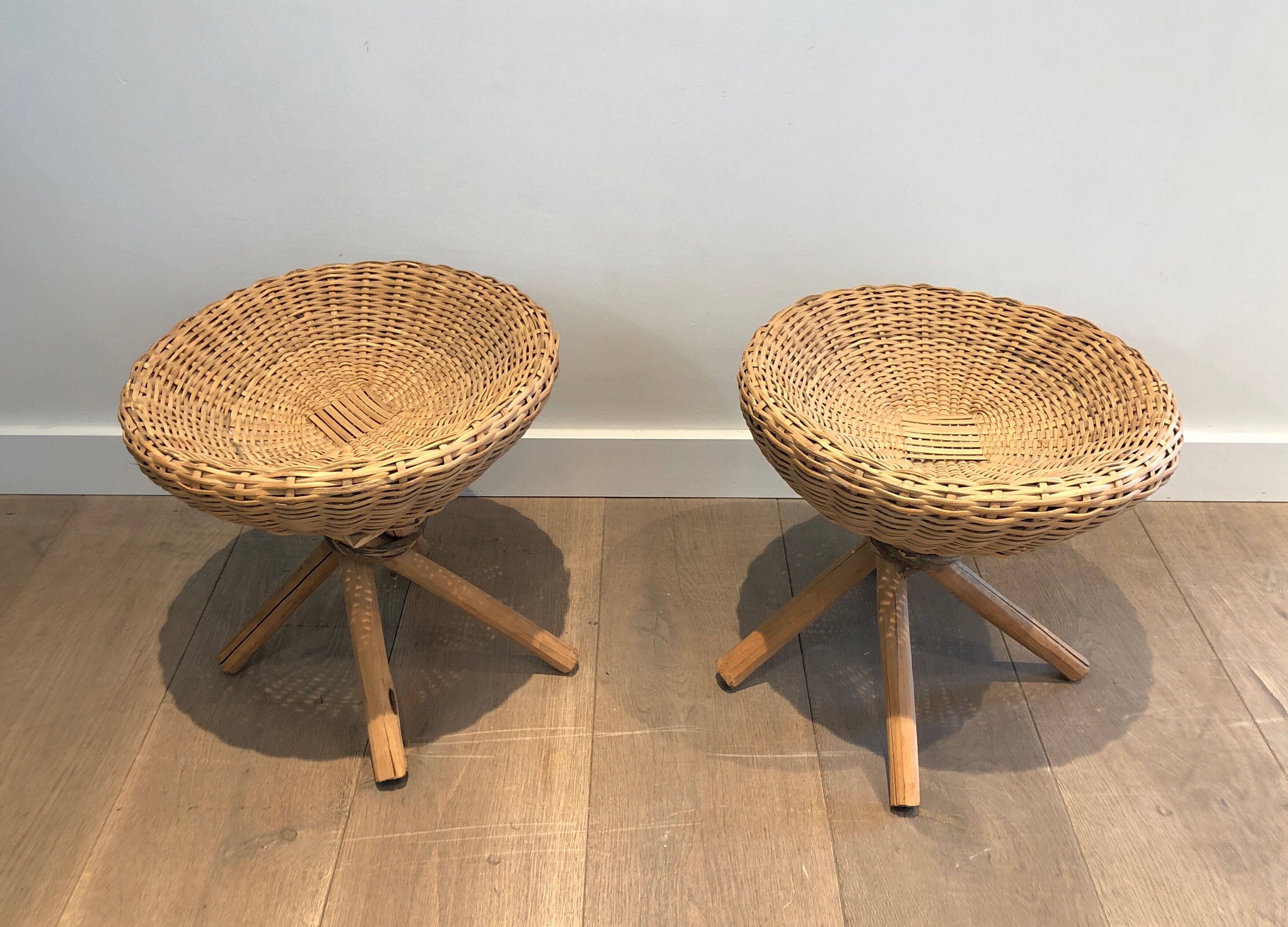 Pair of rattan stools. french work. around 1970