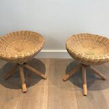 Pair of rattan stools. french work. around 1970