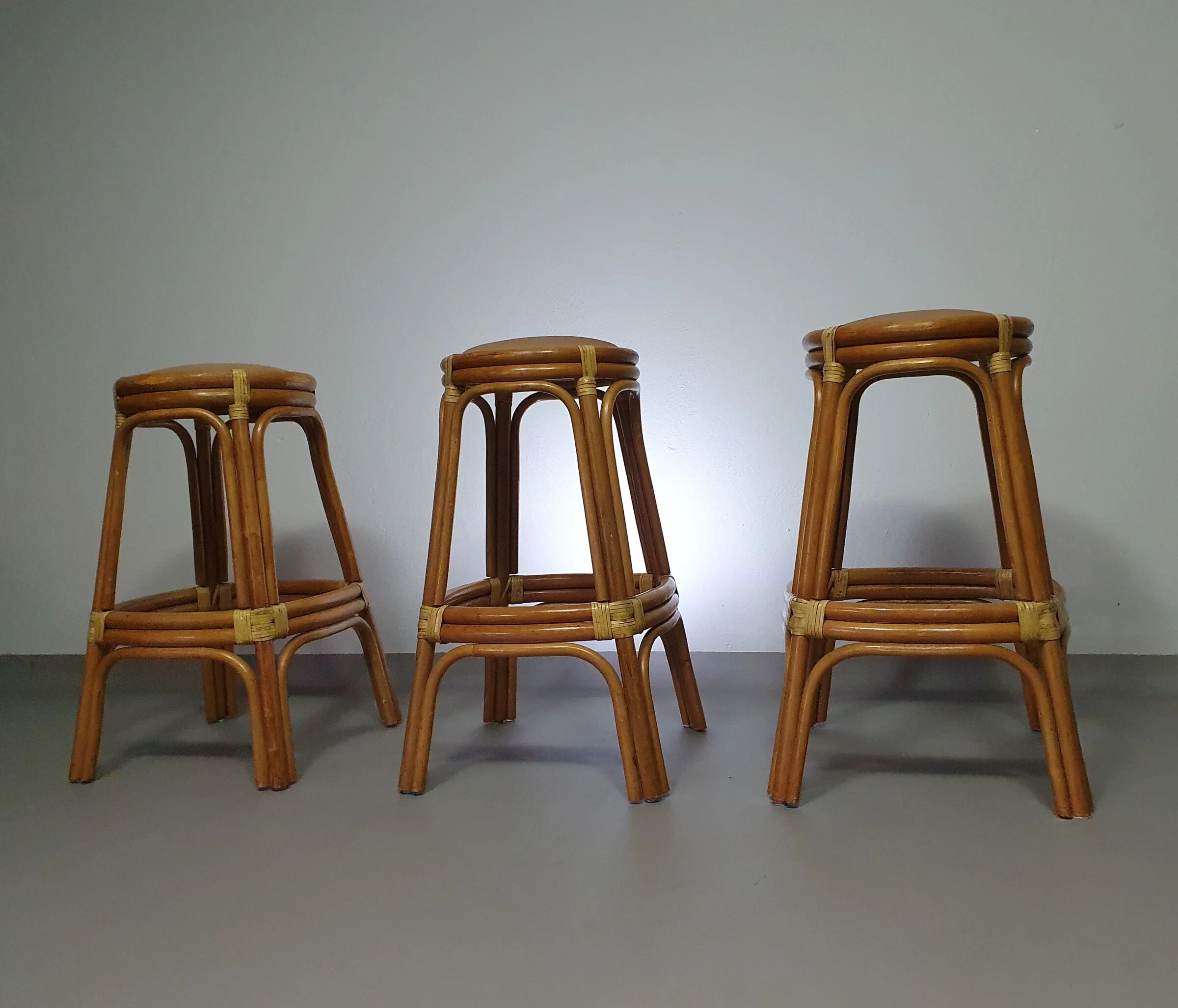 3 x bamboo stool with leather laces / 70s