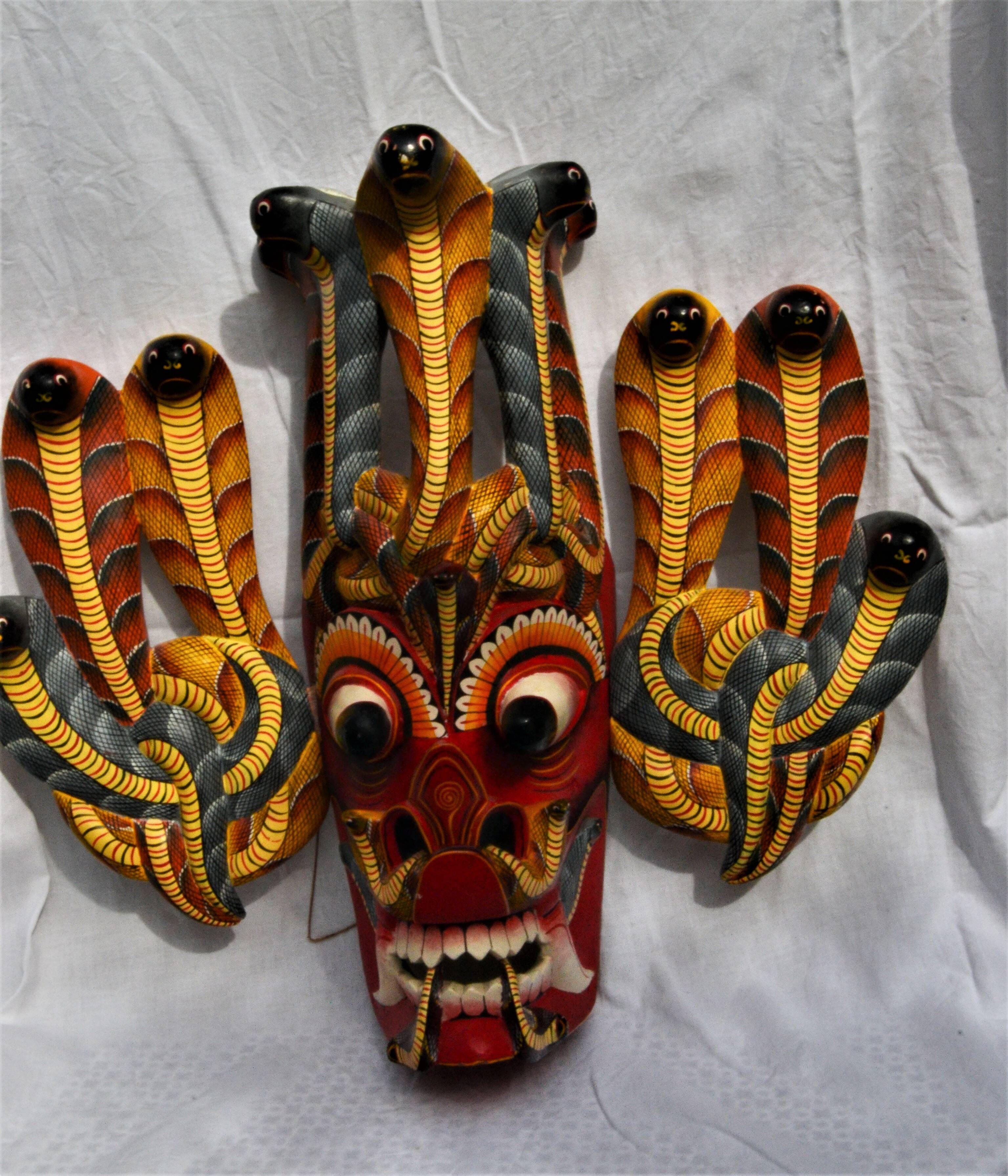 Old oriental mask - carved wood - sri lanka - hand painted