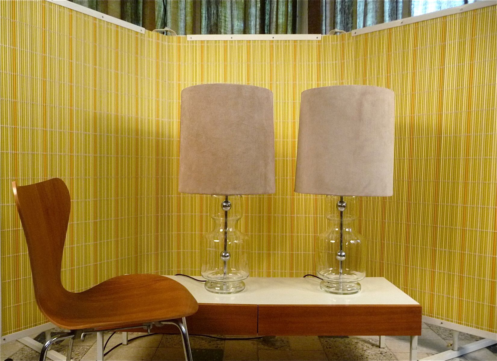 Set of 2 Glass & chrome table lamps with alcantara lampshades, 1960s