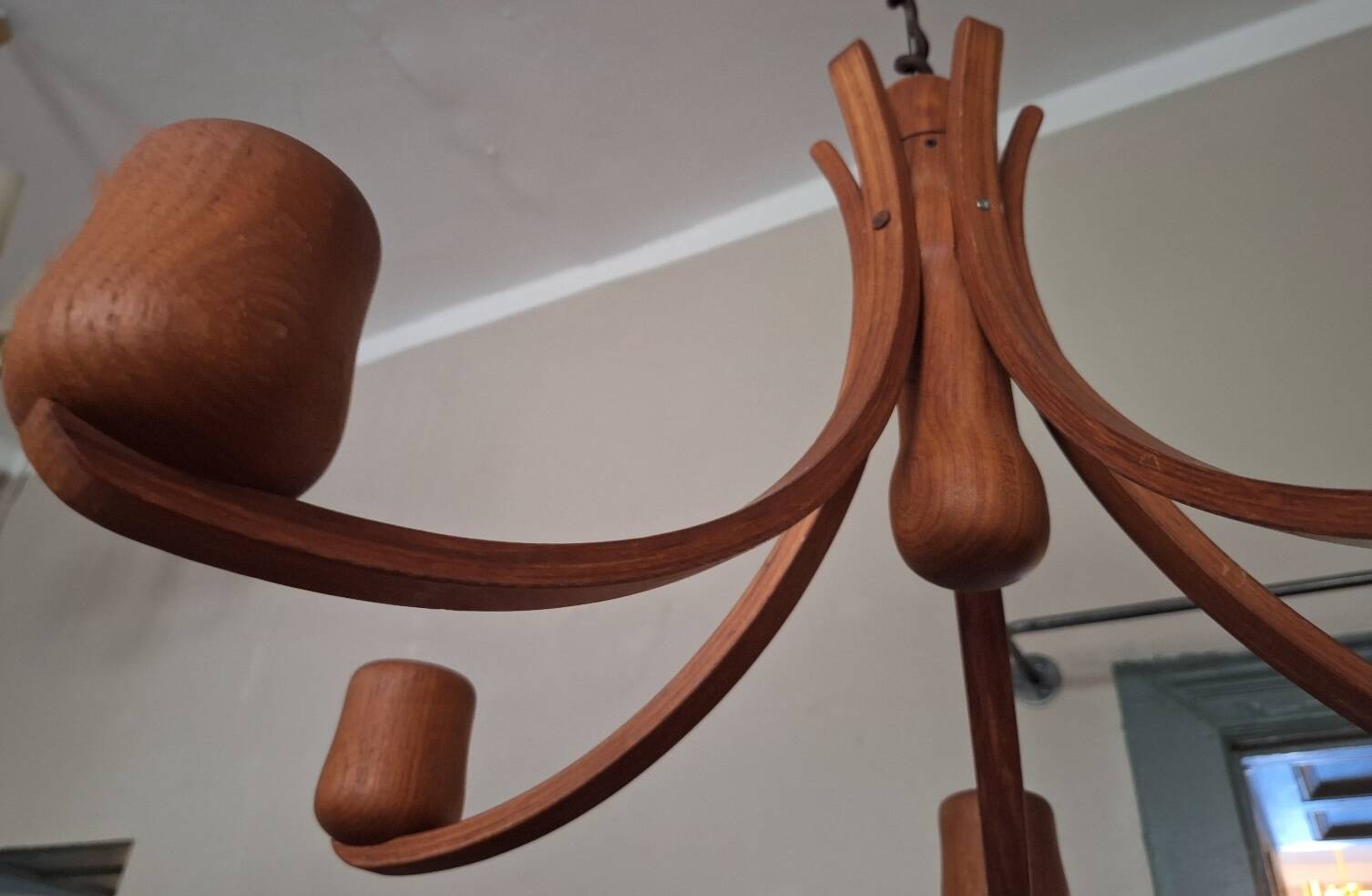 Chandelier en teck Domus à hauteur variable avec 5 bras, Danemark années 1970