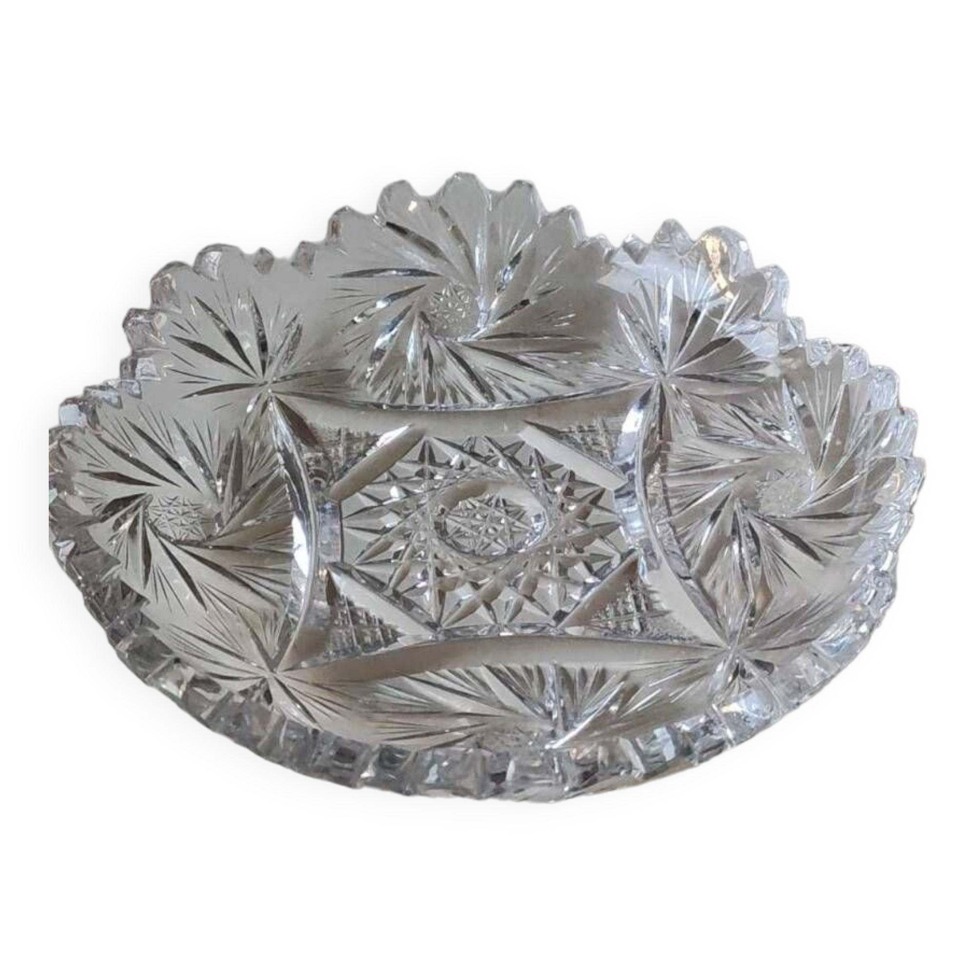 Vintage pocket tray in cut Bohemian crystal. Sophisticated star/brass patterns. Stylish Czech Boho