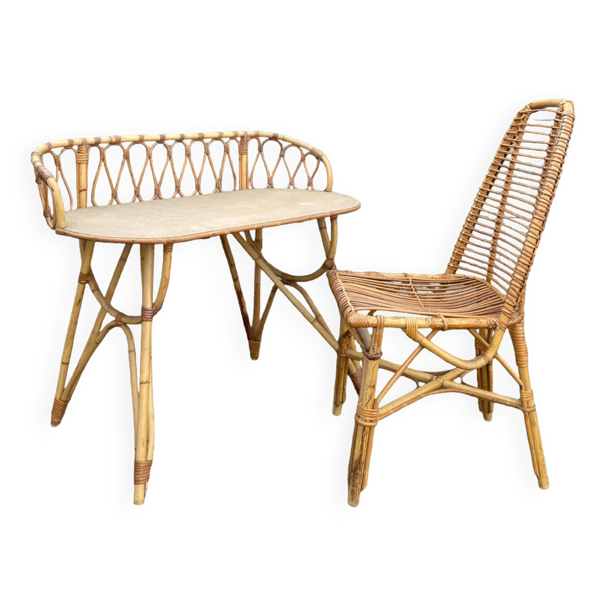 Bamboo and rattan desk and chair set, circa 1970
