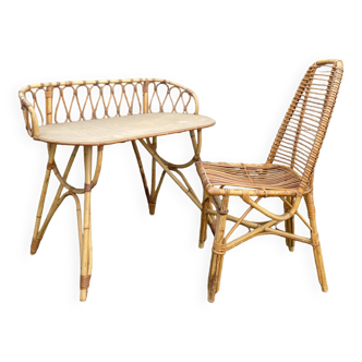 Bamboo and rattan desk and chair set, circa 1970