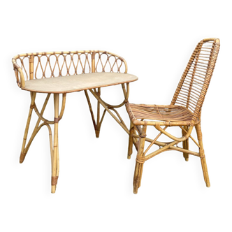 Ensemble bureau et chaise en bambou et rotin, vers 1970