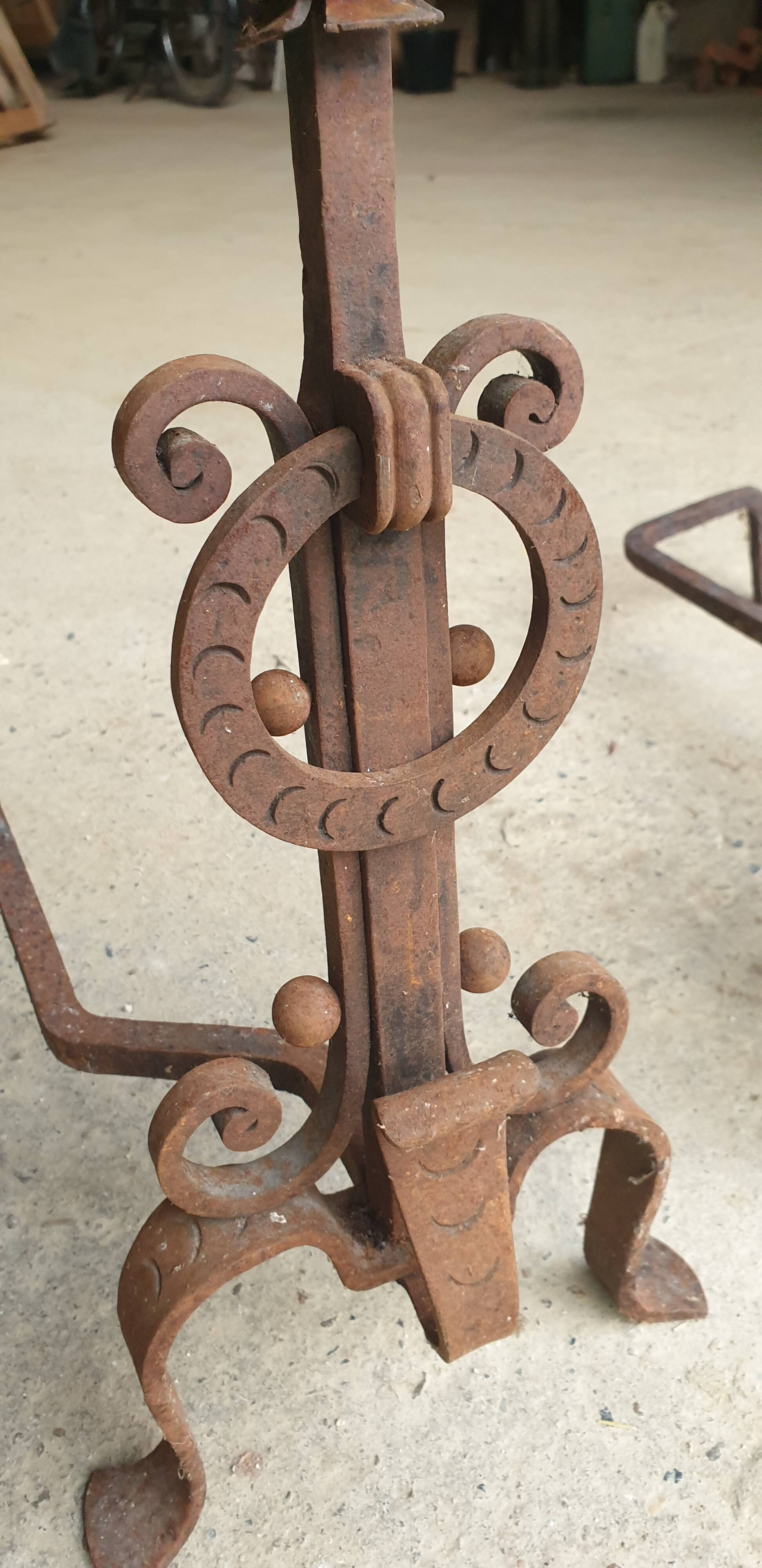 Pair of Wrought Iron Andirons with Refined Ornamentation - 20th Century