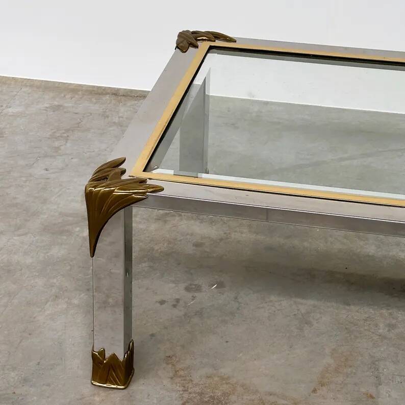 Vintage coffee table in chrome and brass adorned with sculpted leaf details, 1970s
