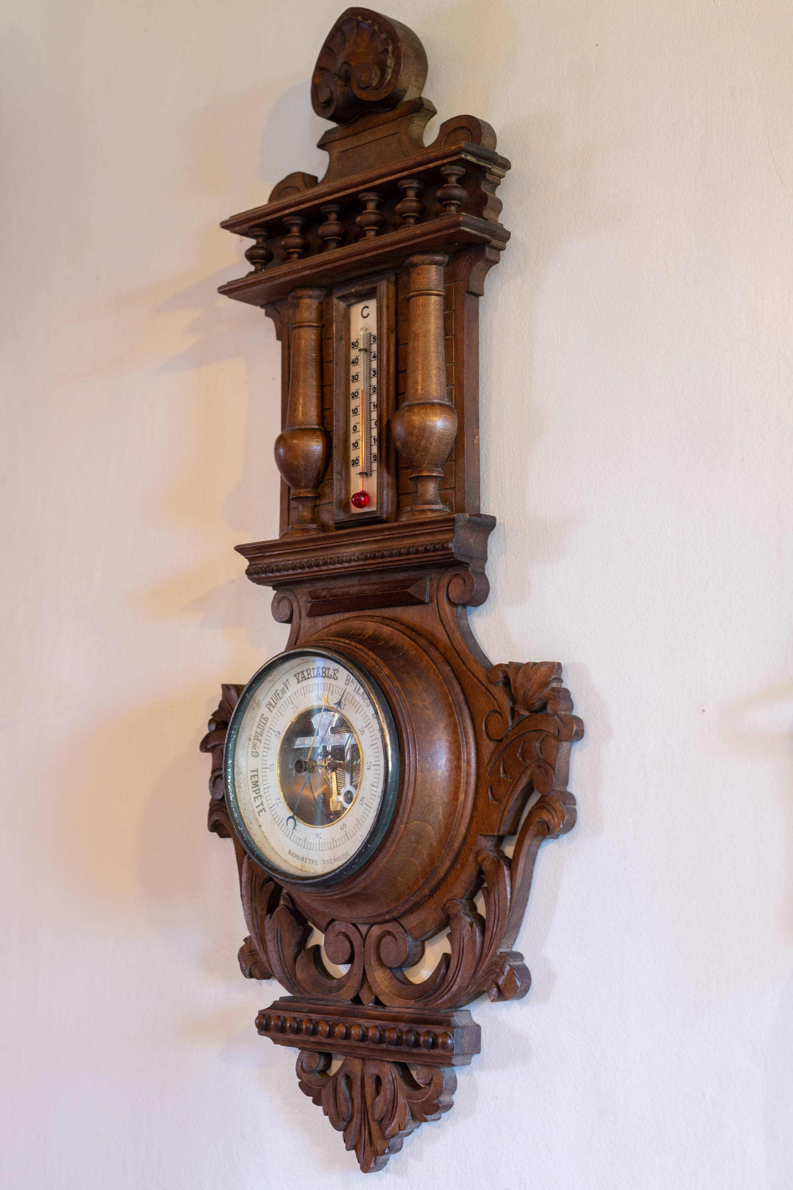 Henri II barometer and thermometer in carved wood