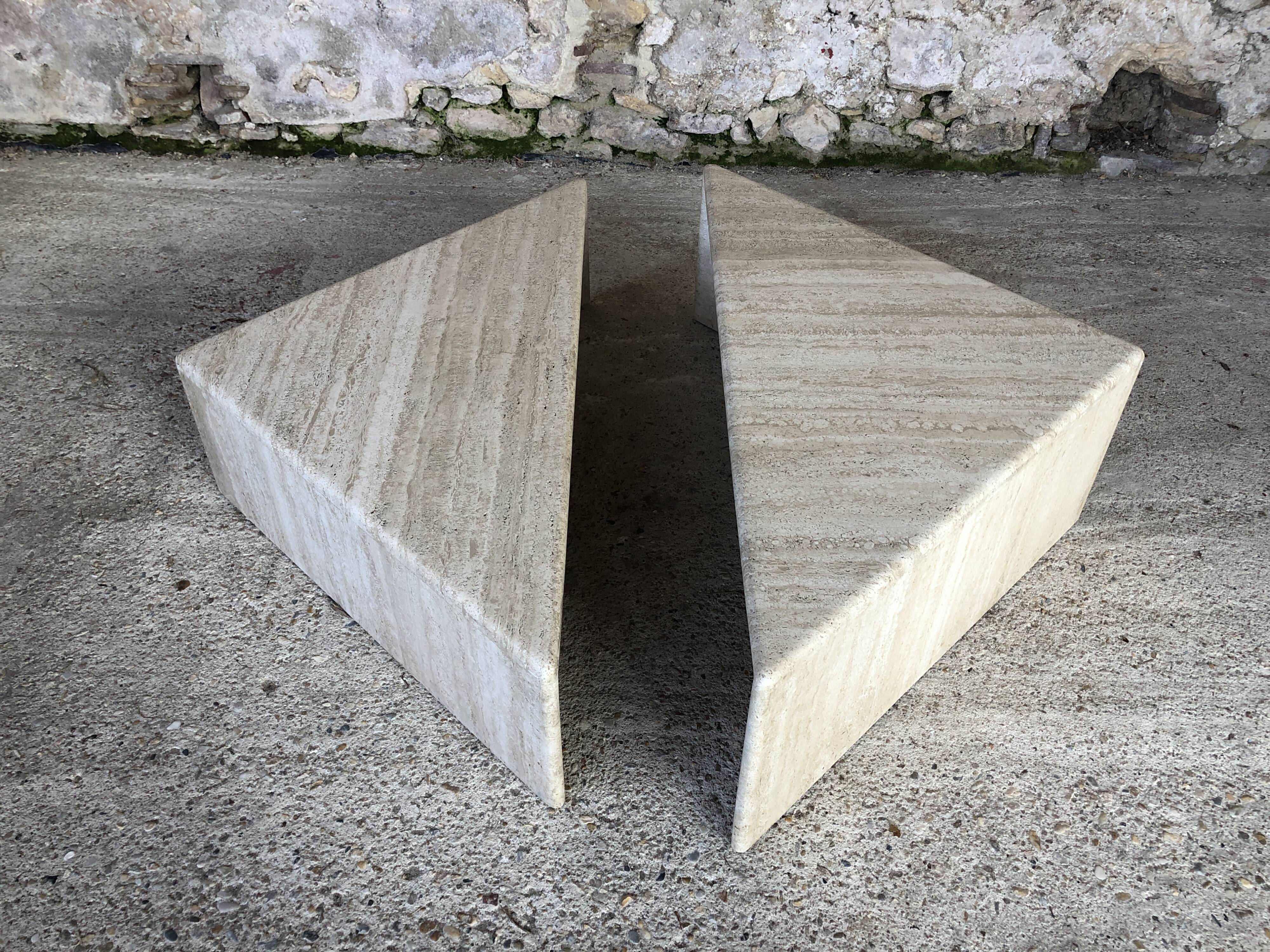 Pair of triangular coffee tables in travertine, Italy circa 70 / 80