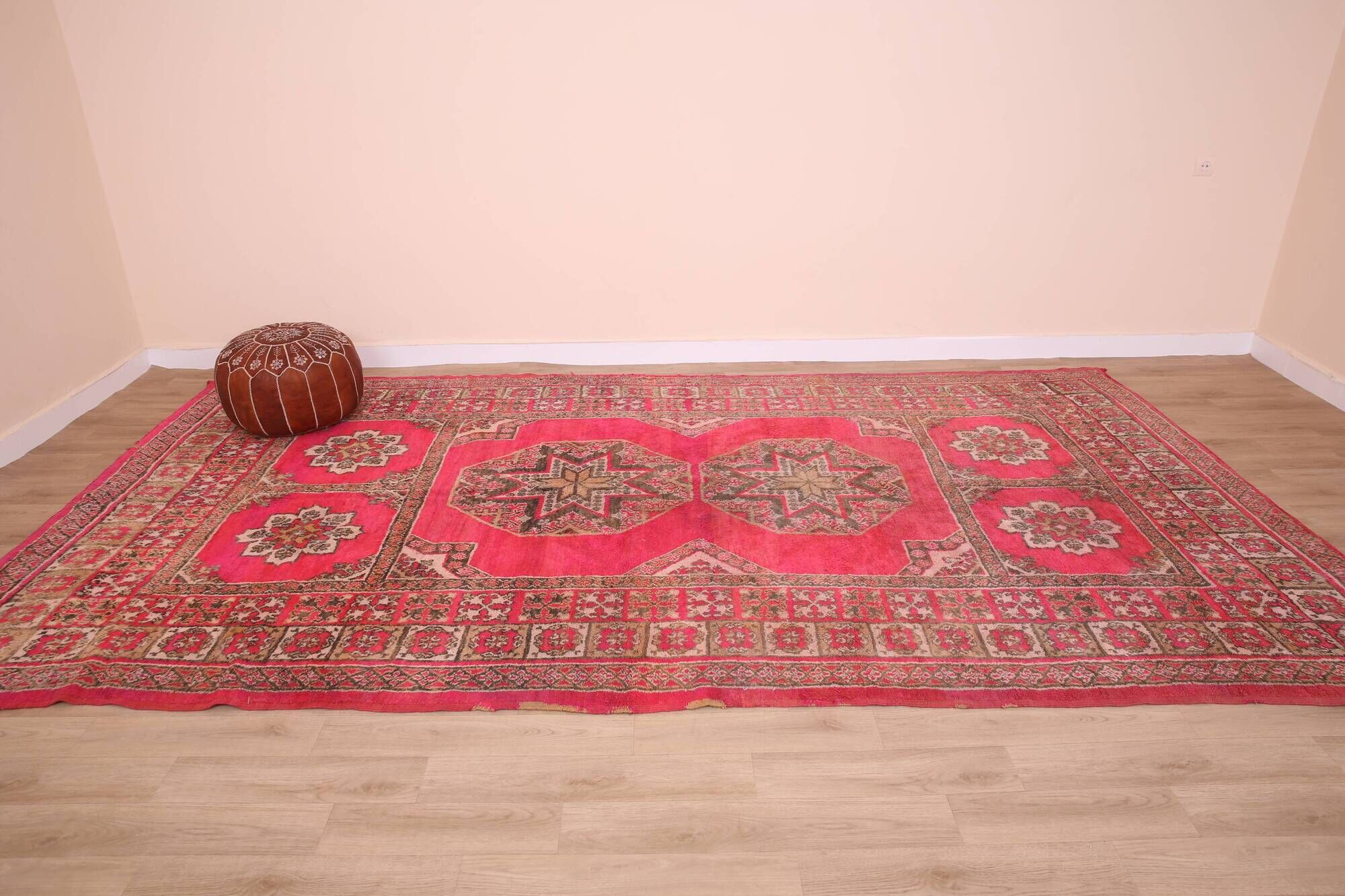 Pink Vintage Moroccan Rug 208 x 384 cm, Berber Wool Rug Handmade, Boho Rug