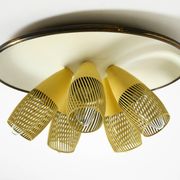 Very rare 5-arm mid-century modern metal bag ceiling lamp with round white