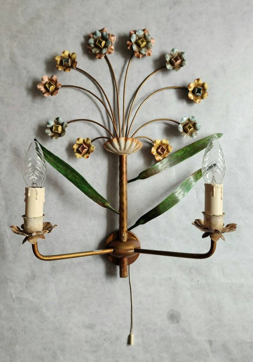 XL Vintage Mid-Century handmade 2 light bouquet wall lamp Italy 1950-1970